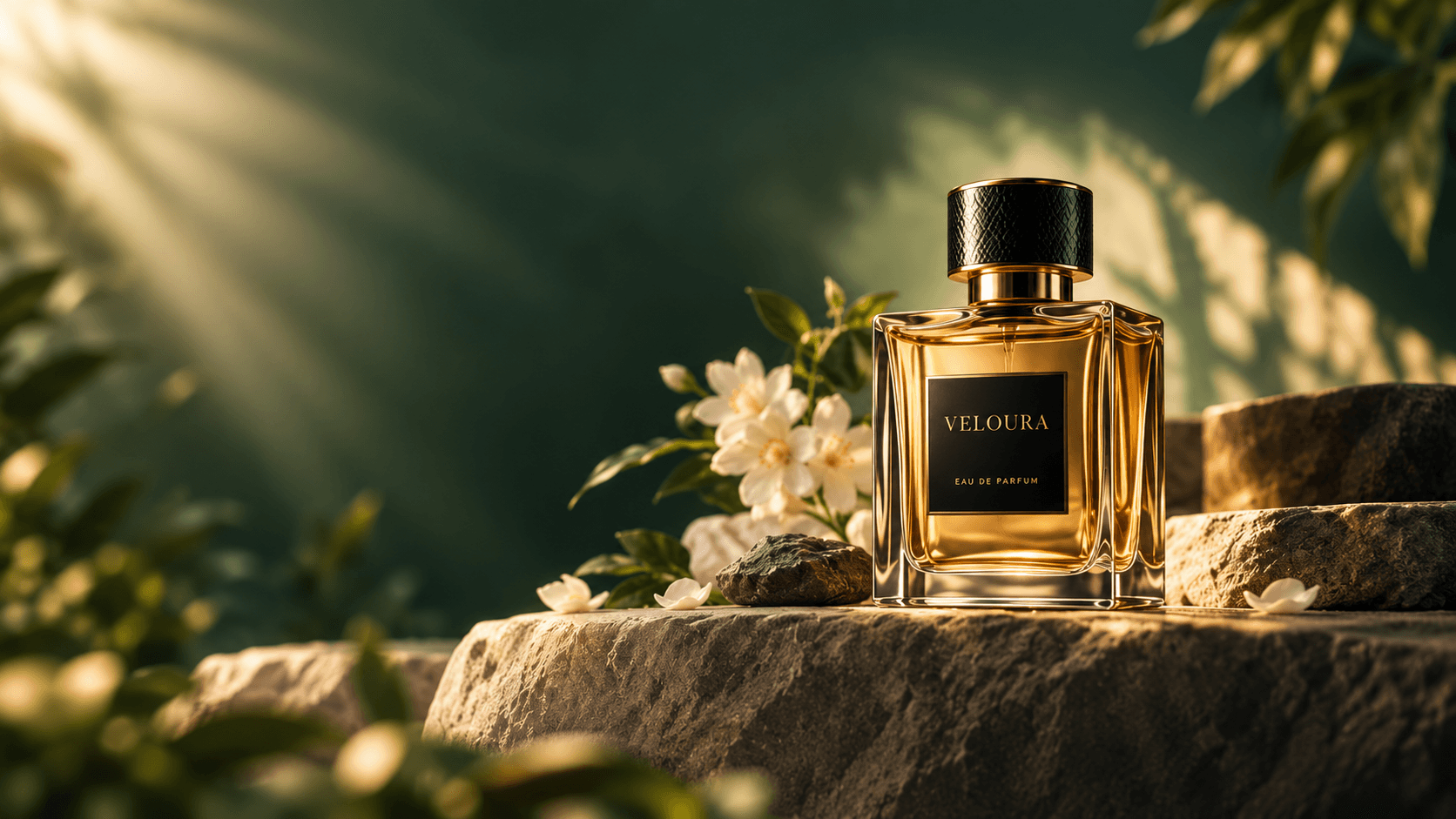 Veloura golden perfume bottle among jasmine flowers and natural stone