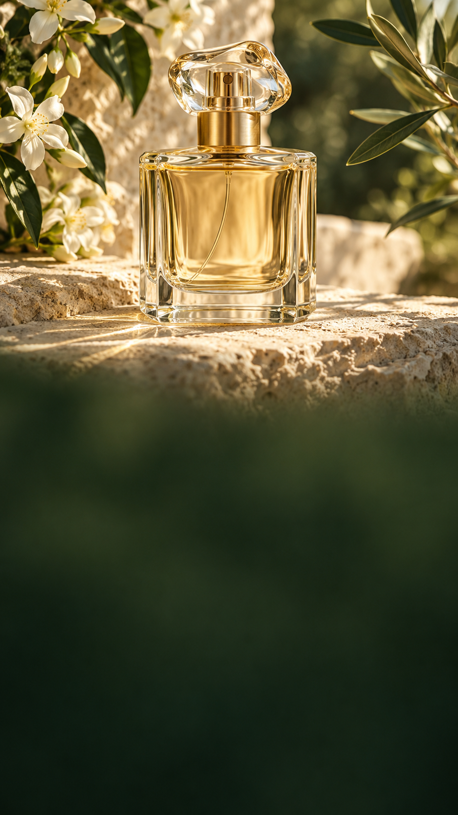 Golden perfume in sculpted glass, framed by jasmine and olive leaves in warm sunlight