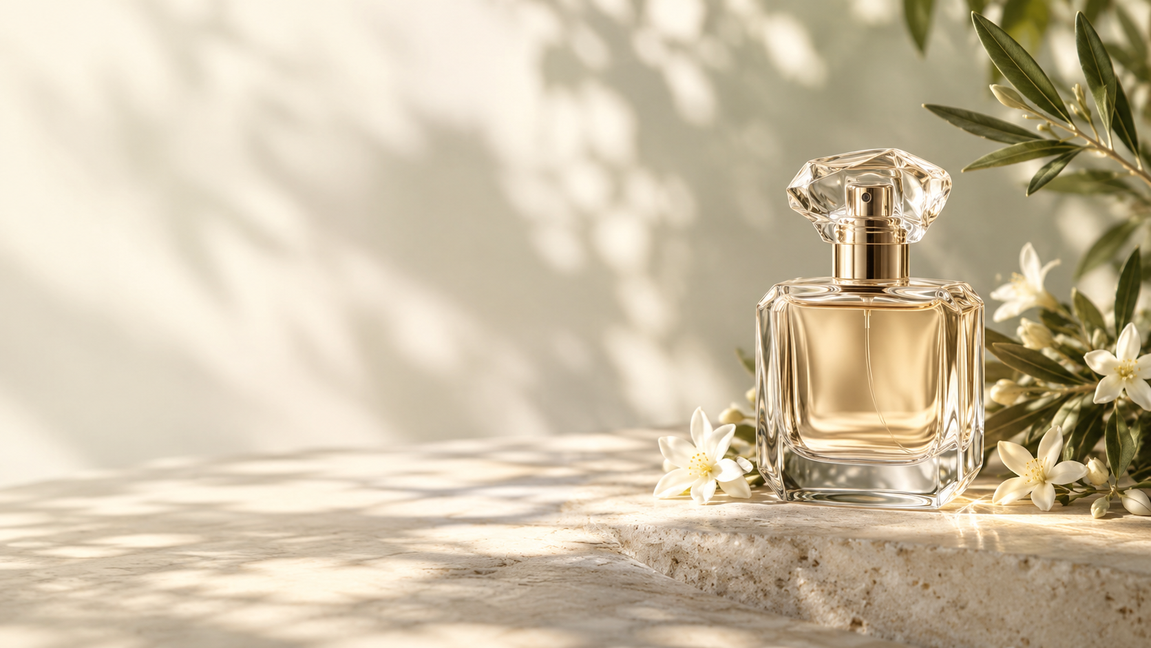 A sculpted glass perfume bottle with jasmine blossoms on sunlit limestone